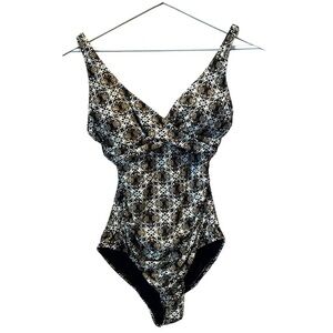 Nip Tuck Women’s Slimming Swimsuit One Piece Black Gold Tan White Size 6